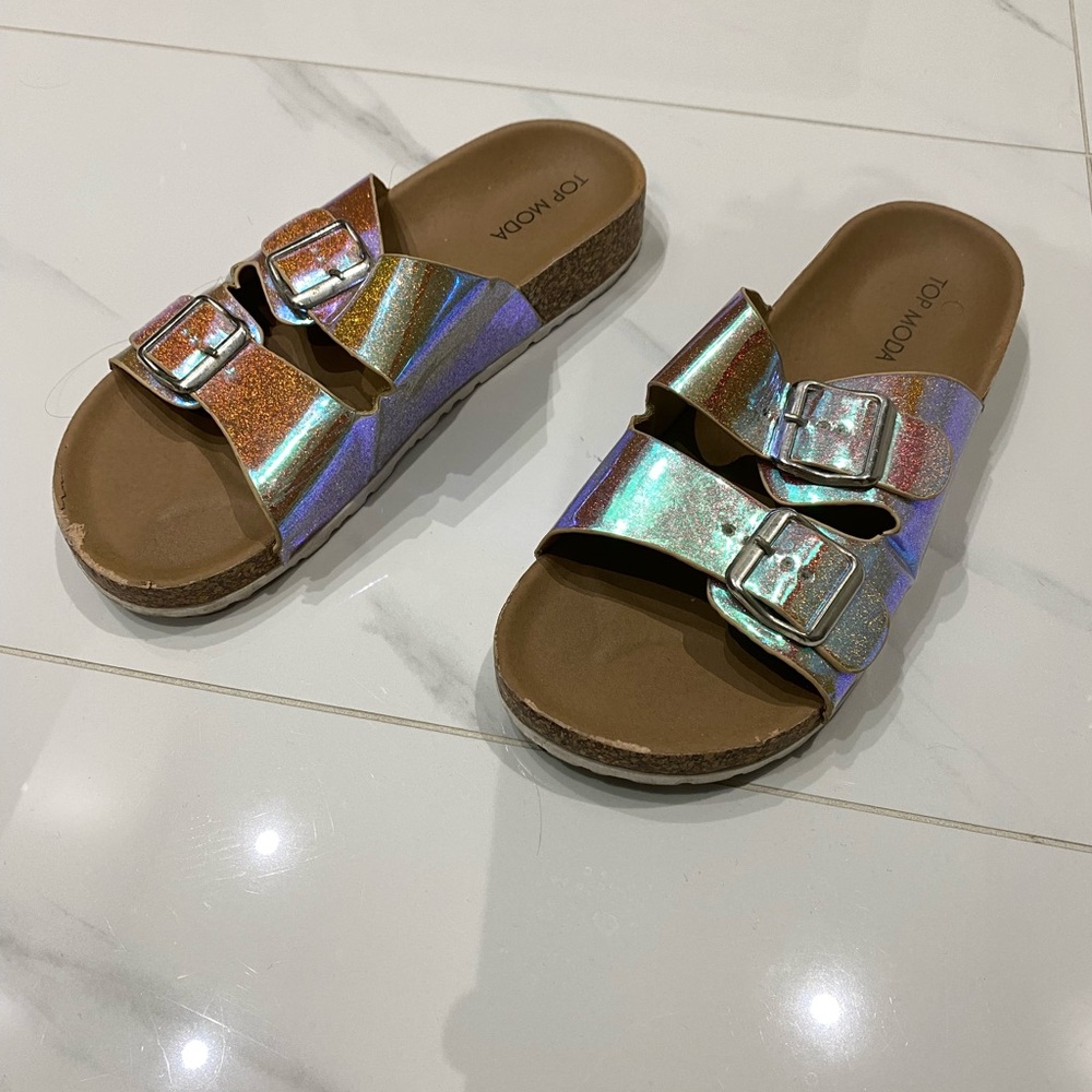TOP Moda Silver Metallic Sandals with Cork Footbed